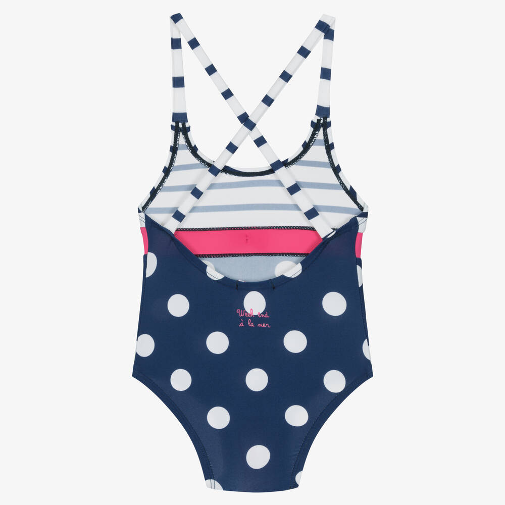 Week end a la mer Baby Girls Navy Blue Polka Dot Swimsuit