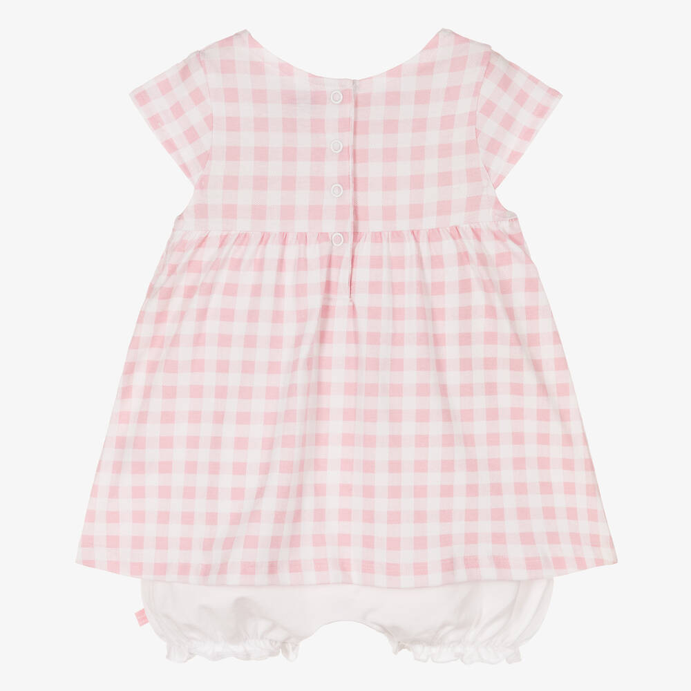 Week-end à la mer-فستان قطن جيرسي جينغهام لون زهري وأبيض | Childrensalon Outlet