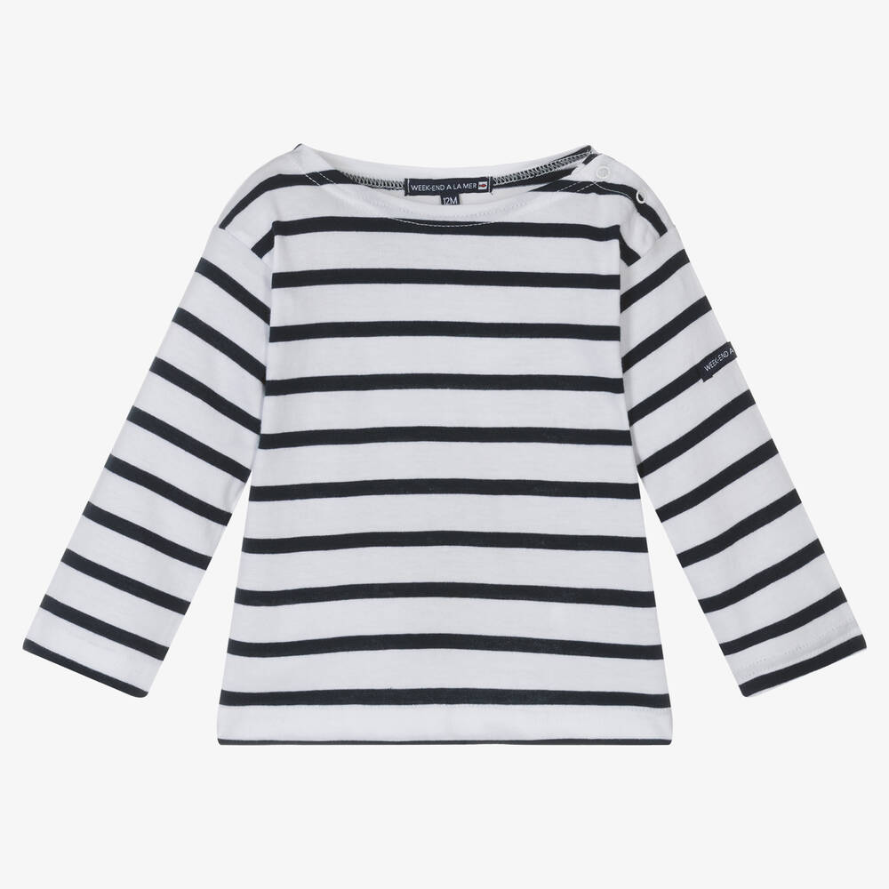 Week-end à la mer - Baby Girls White Breton Striped Top | Childrensalon