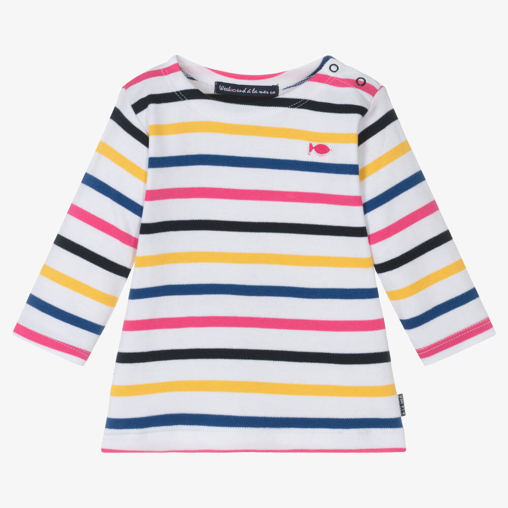 Week-end à la mer - Baby Girls White Colourful Striped Top | Childrensalon