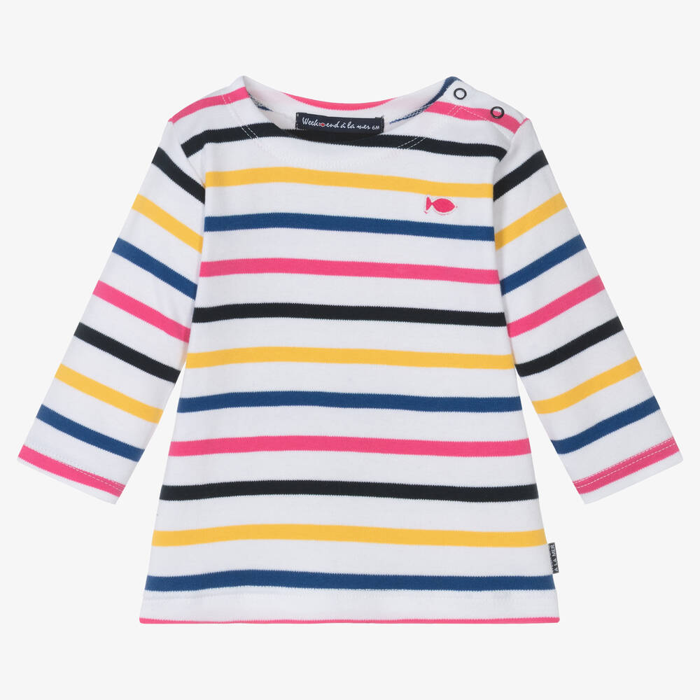 Week-end à la mer-Baby Girls White Colourful Striped Top | Childrensalon Outlet