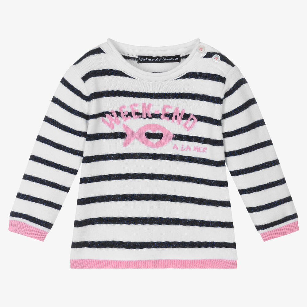 Week-end à la mer - Baby Girls White Cotton Striped Sweater | Childrensalon