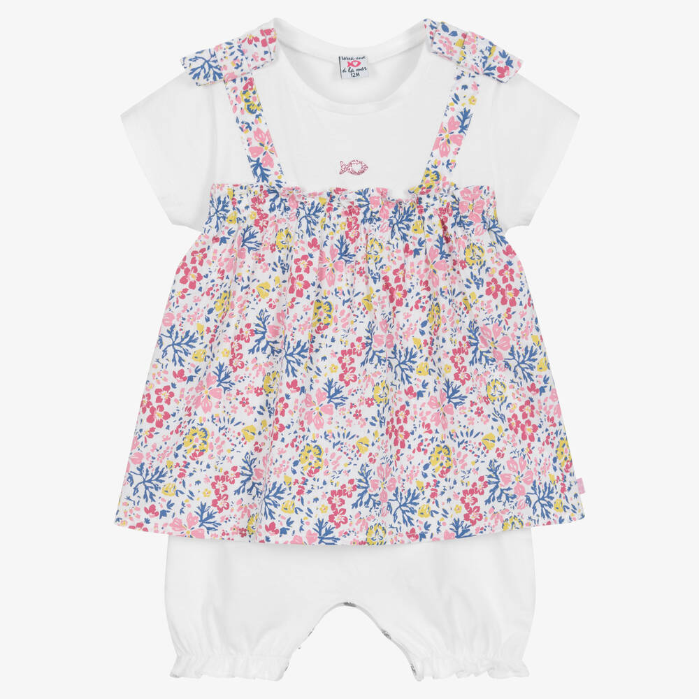 Week-end à la mer - Baby Girls White & Pink Cotton Floral Dress | Childrensalon