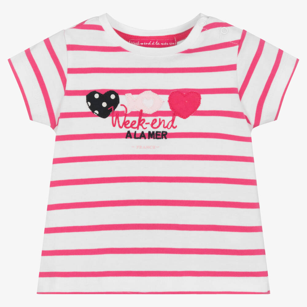 Week-end à la mer - Baby Girls White & Pink Cotton T-Shirt | Childrensalon