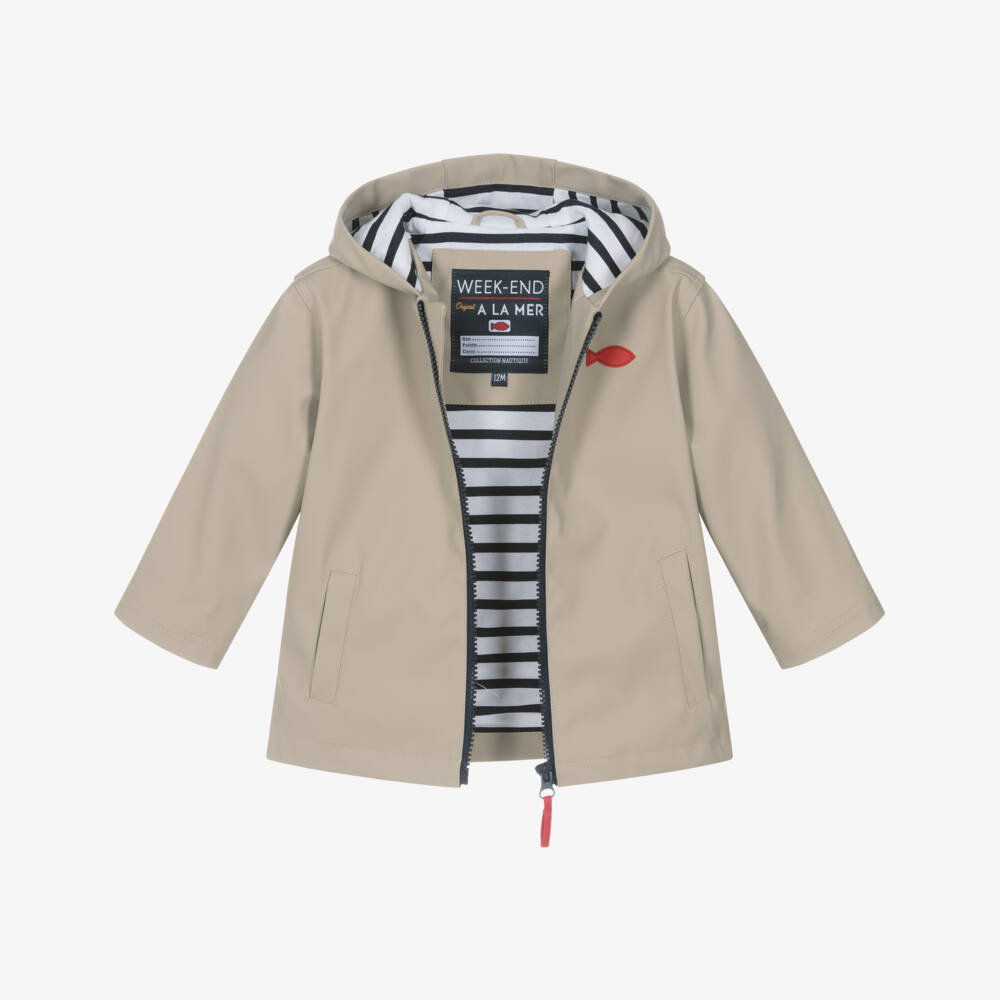 Week-end à la mer-Beige Raincoat with Breton Stripe Lining | Childrensalon Outlet