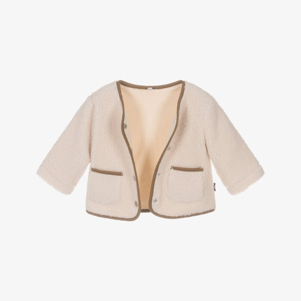 Week-end à la mer-Beige Sherpa Fleece Jacket with Brown Trims | Childrensalon Outlet