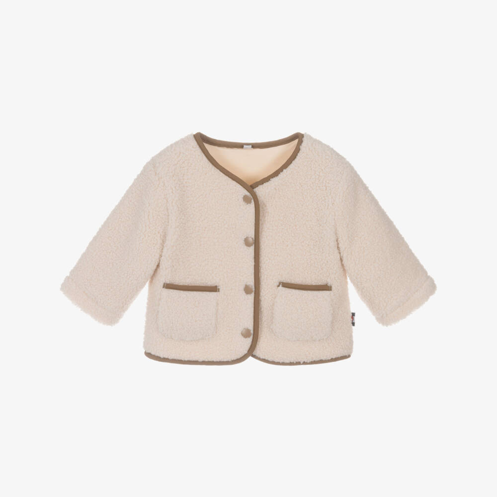 Week-end à la mer-Beige Sherpa Fleece Jacket with Brown Trims | Childrensalon Outlet