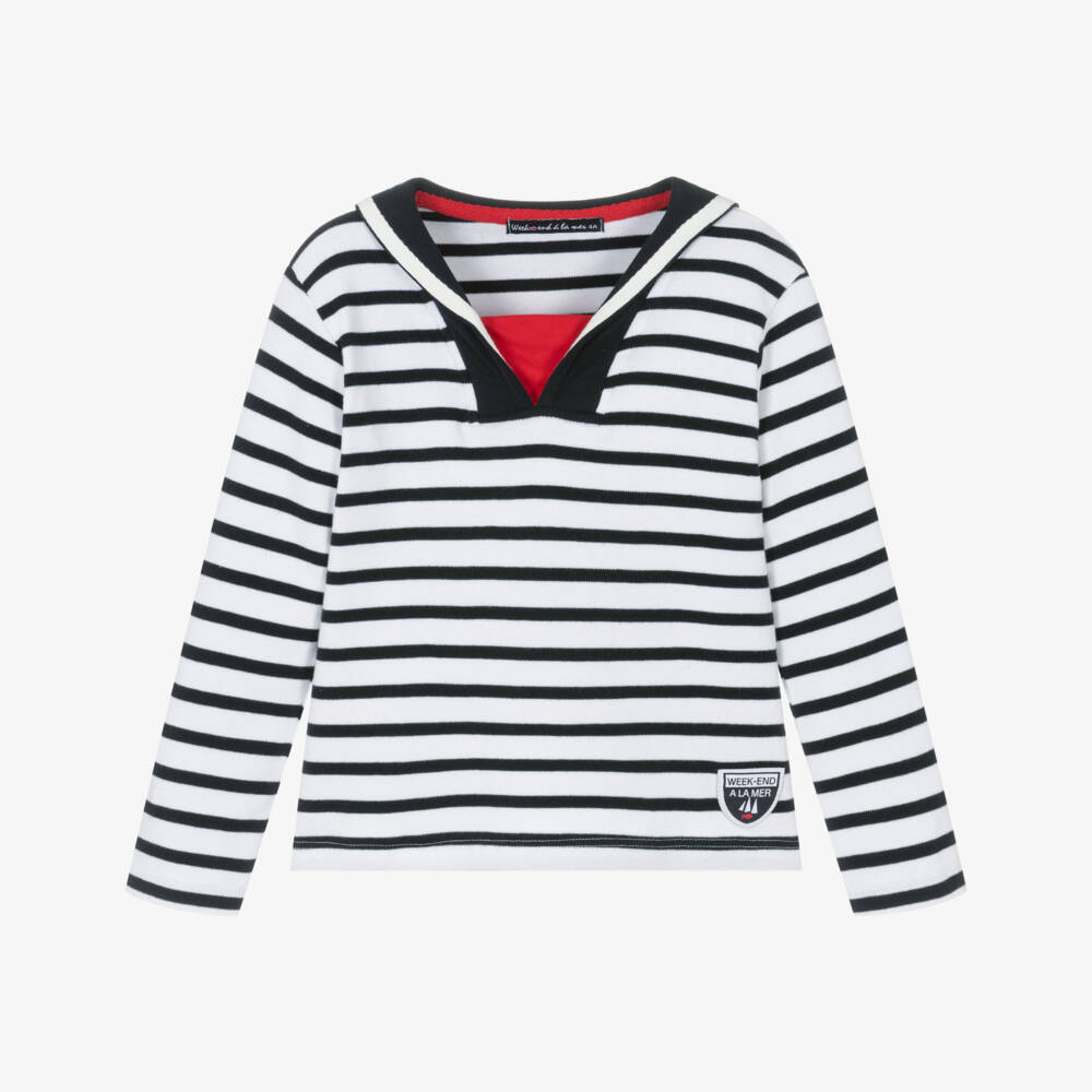 Week-end à la mer-Blue Cotton Breton Stripe Sailor Top | Childrensalon Outlet