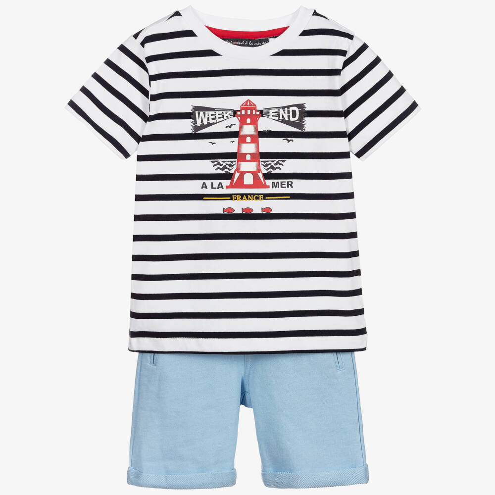 Week-end à la mer-شورت وتيشيرت قطن جيرسي لون أزرق، كحلي وأبيض للأولاد | Childrensalon Outlet