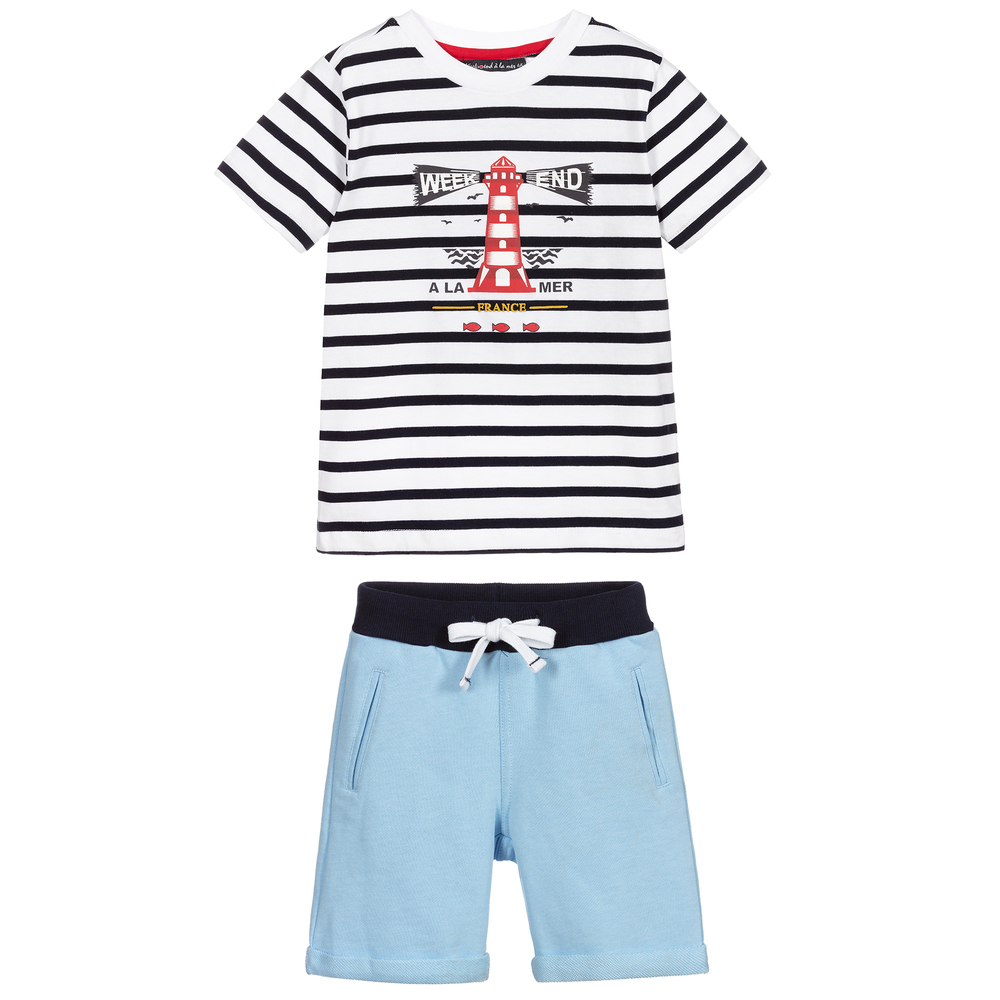 Week-end à la mer-شورت وتيشيرت قطن جيرسي لون أزرق، كحلي وأبيض للأولاد | Childrensalon Outlet