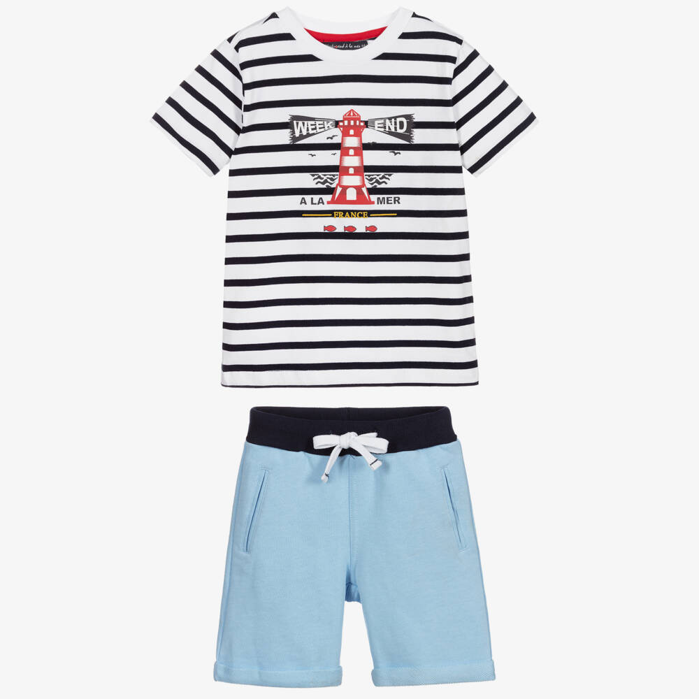 Week-end à la mer-شورت وتيشيرت قطن جيرسي لون أزرق، كحلي وأبيض للأولاد | Childrensalon Outlet