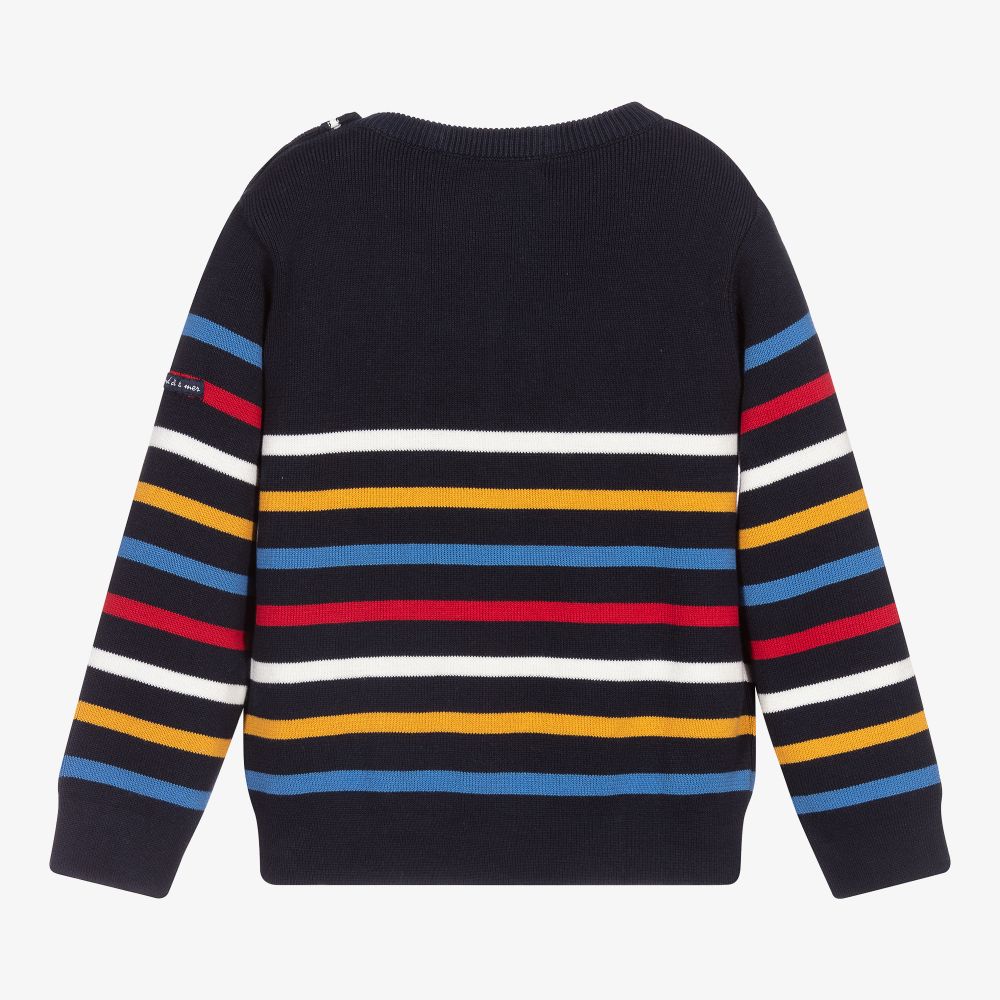 Week-end à la mer-كنزة قطن محبوك مقلمة لون كحلي وأحمر وأصفر للأولاد | Childrensalon Outlet