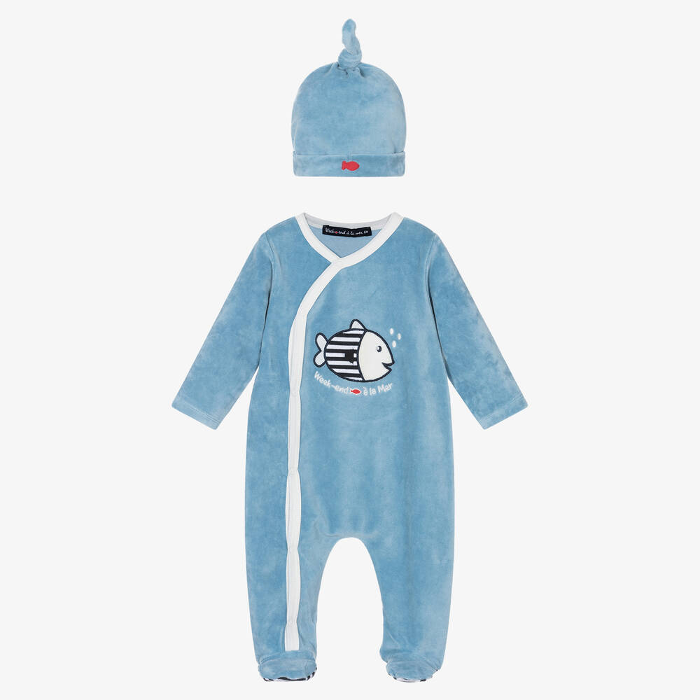 Week-end à la mer - Velours-Strampler & Mützen Set Blau | Childrensalon