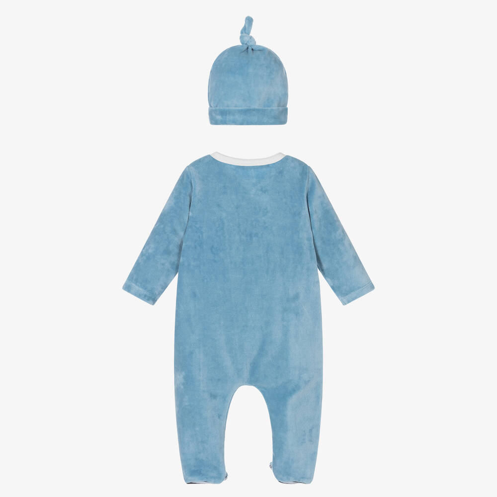 Week-end à la mer-طقم أفرول بيبي غرو وقبعة قطن قطيفة لون أزرق للأطفال | Childrensalon Outlet