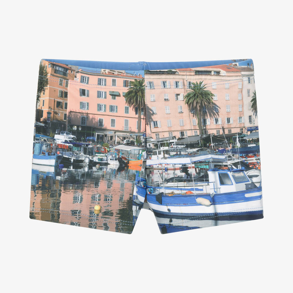 Week-end à la mer - Boys Blue Boat Scene Swim Trunks | Childrensalon