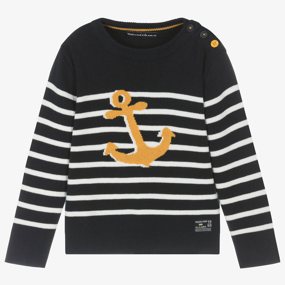 Week-end à la mer - Boys Blue Breton Stripe Anchor Sweater | Childrensalon
