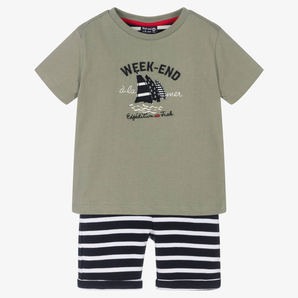 Week-end à la mer-طقم شورت قطن مقلم لون كحلي وأخضر كاكي | Childrensalon Outlet