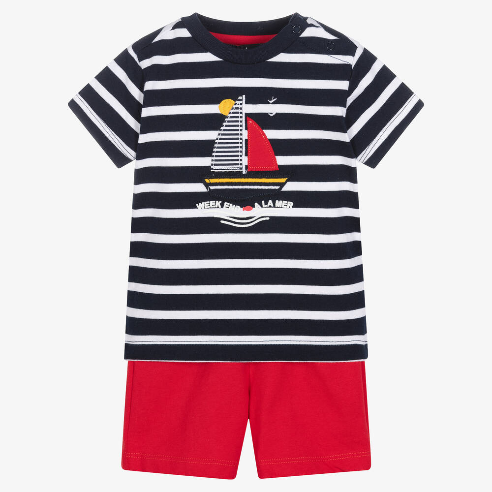 Week-end à la mer - Boys Blue Breton Stripe Shorts Set | Childrensalon