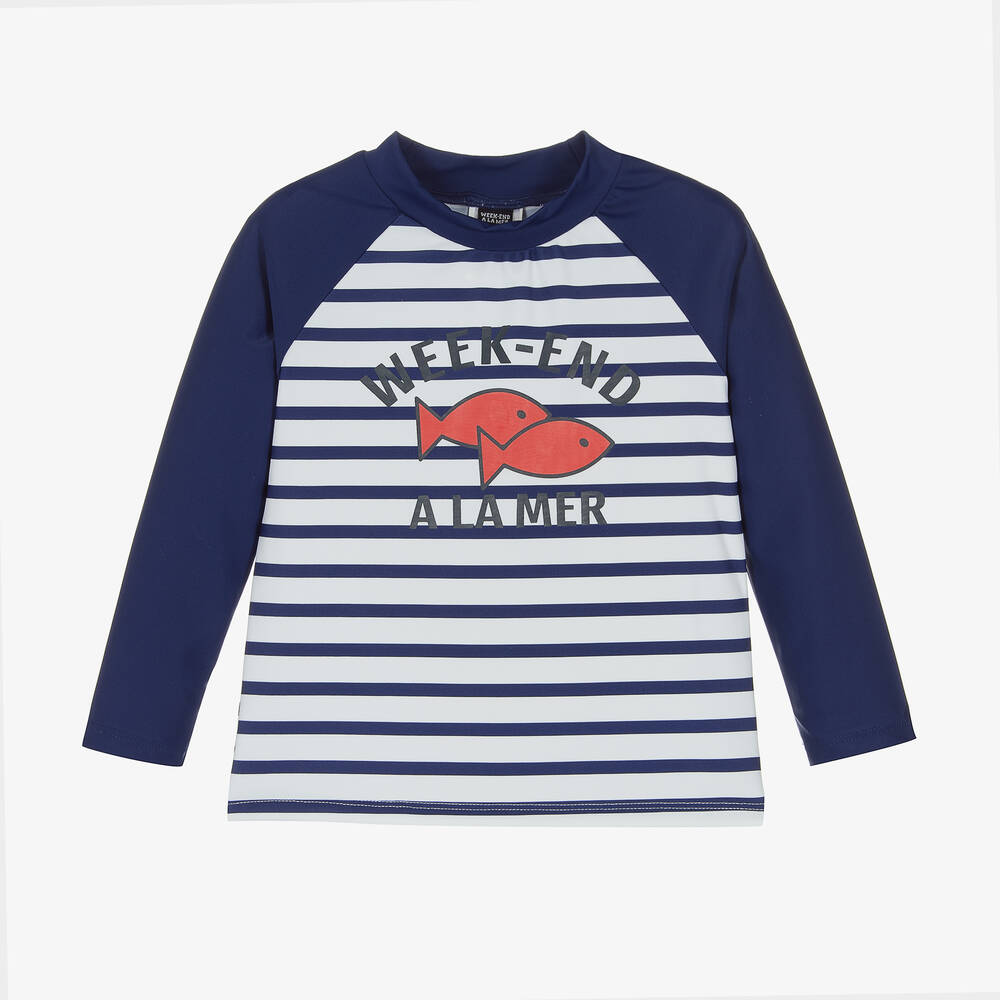 Week-end à la mer - Boys Blue Breton Stripe Swim Top | Childrensalon