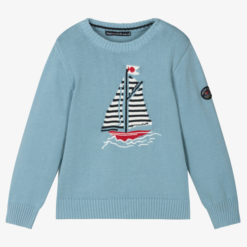 Week-end à la mer - Boys Blue Cotton Knit Boat Sweater | Childrensalon
