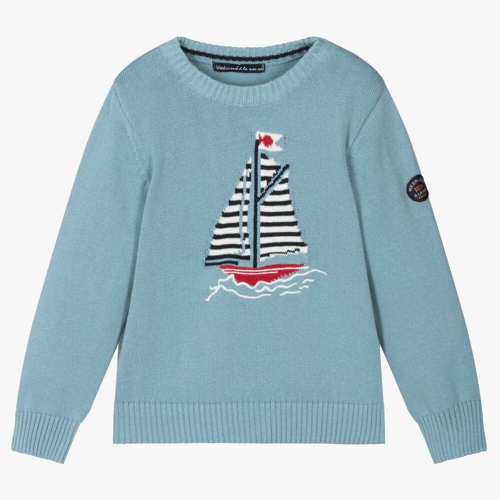 Week-end à la mer - Blauer Boot-Baumwollstrickpullover | Childrensalon