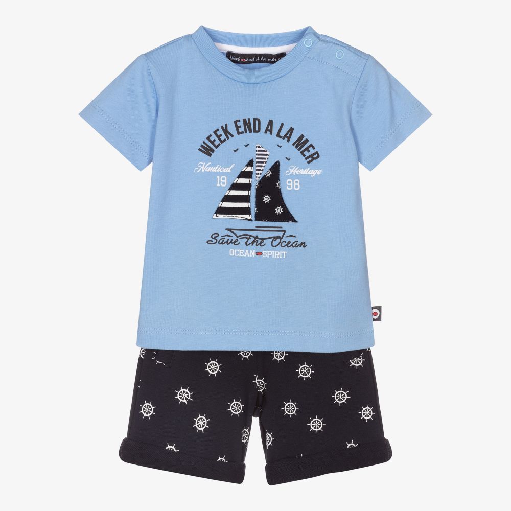 Week-end à la mer - Boys Blue Cotton Shorts Set | Childrensalon