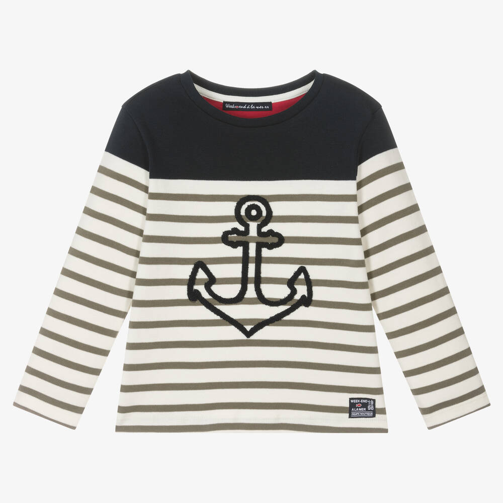 Week-end à la mer - Boys Blue & Ivory Breton Stripe Top | Childrensalon