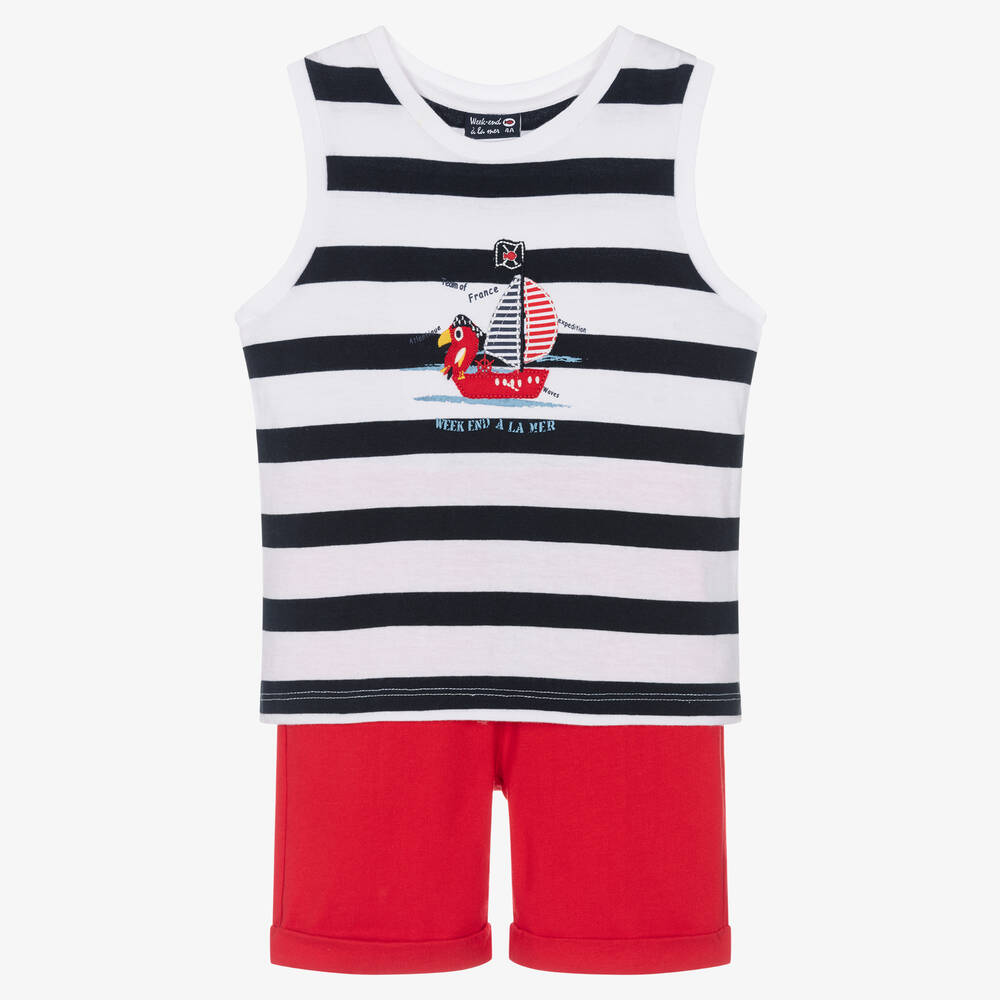 Week-end à la mer - Baumwoll-Top & Shorts Set blau/rot | Childrensalon