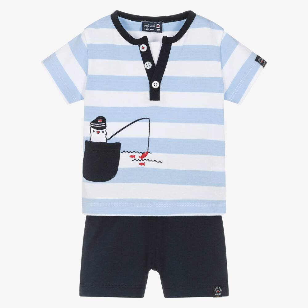 Week-end à la mer-Boys Blue Striped Cotton Top & Shorts Set | Childrensalon Outlet