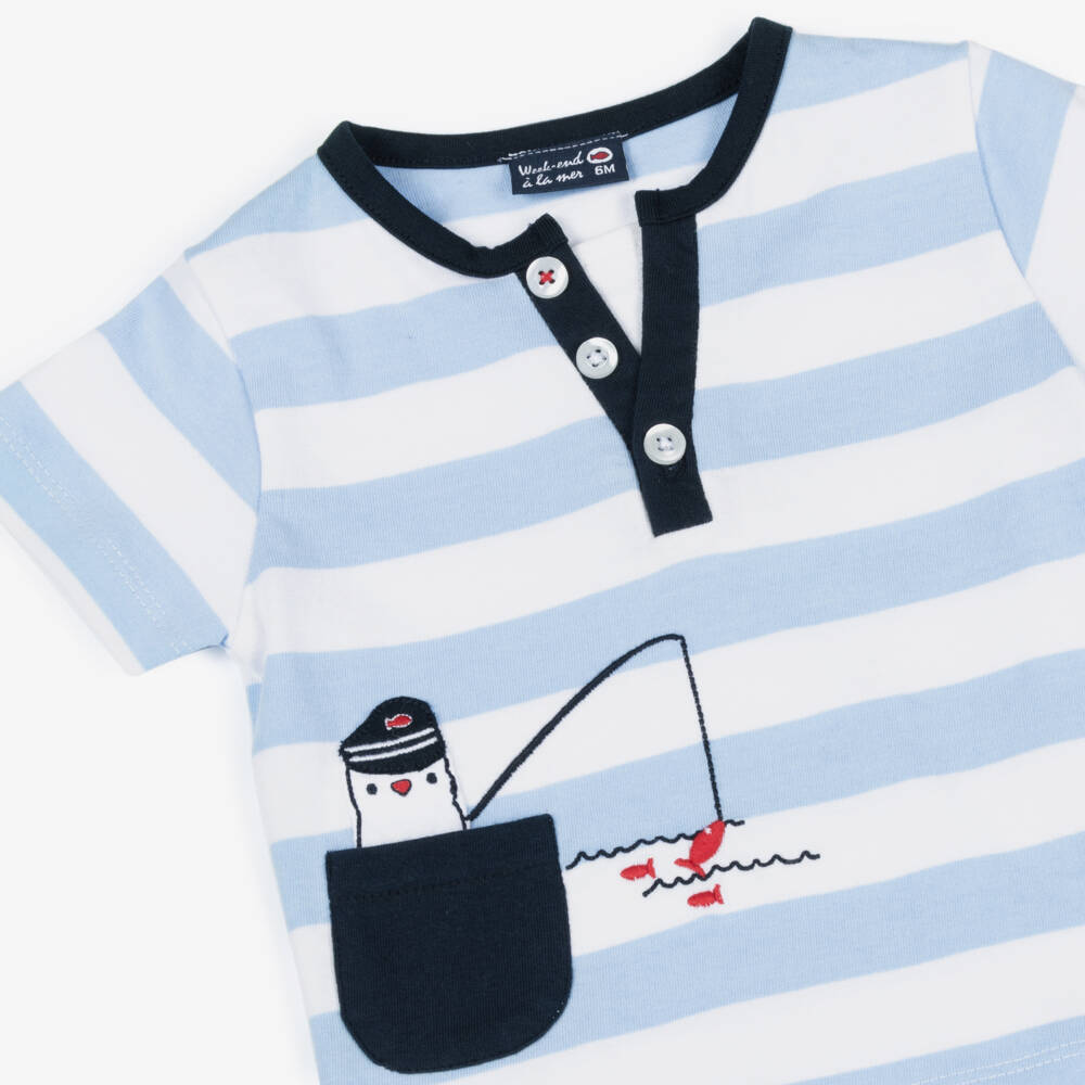 Week-end à la mer-Boys Blue Striped Cotton Top & Shorts Set | Childrensalon Outlet