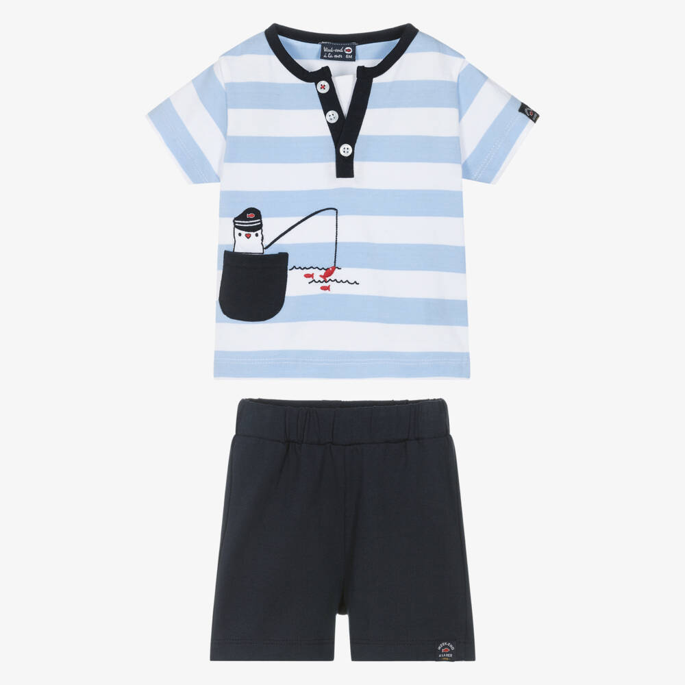 Week-end à la mer-Boys Blue Striped Cotton Top & Shorts Set | Childrensalon Outlet