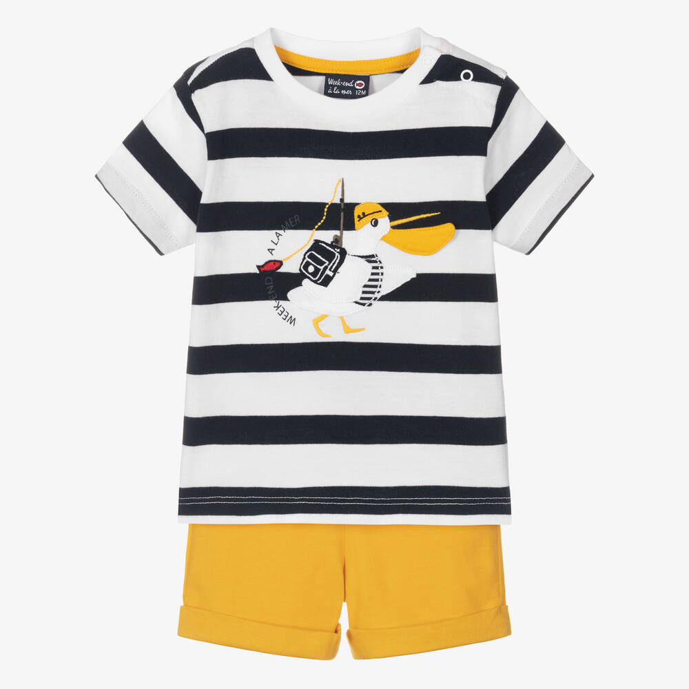 Week-end à la mer-طقم شورت أطفال ولادي قطن لون أصفر وأزرق | Childrensalon Outlet