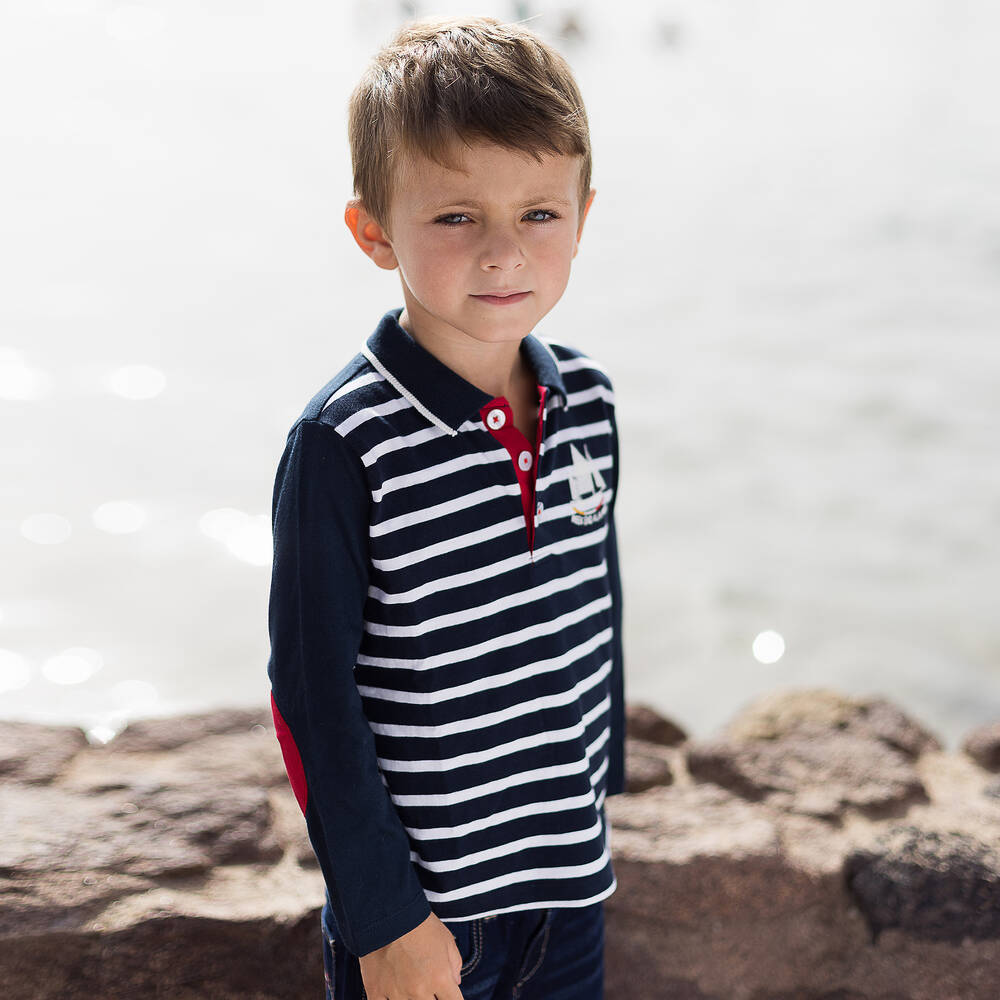 Week-end à la mer-توب بولو قطن مقلم لون كحلي وأبيض للأولاد | Childrensalon Outlet