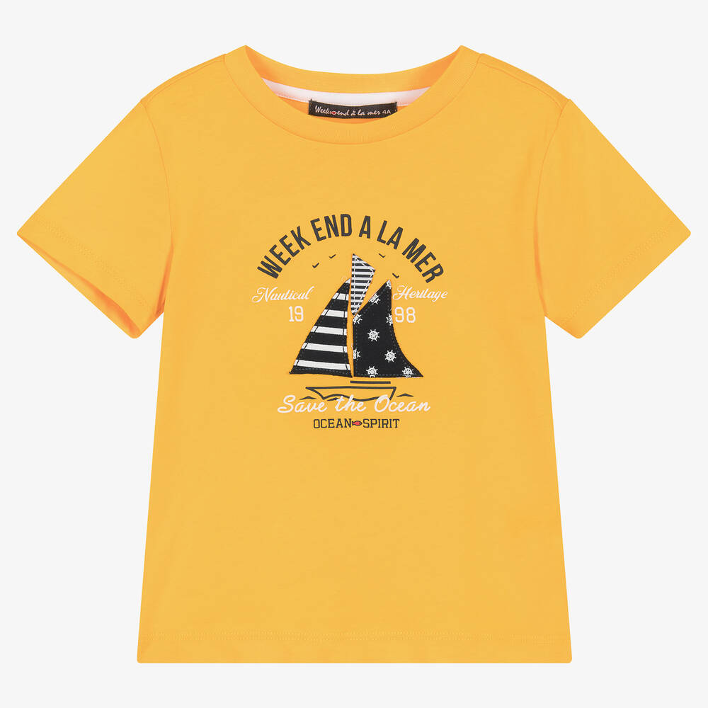 Week-end à la mer - Boys Golden Yellow Cotton Boat T-Shirt | Childrensalon