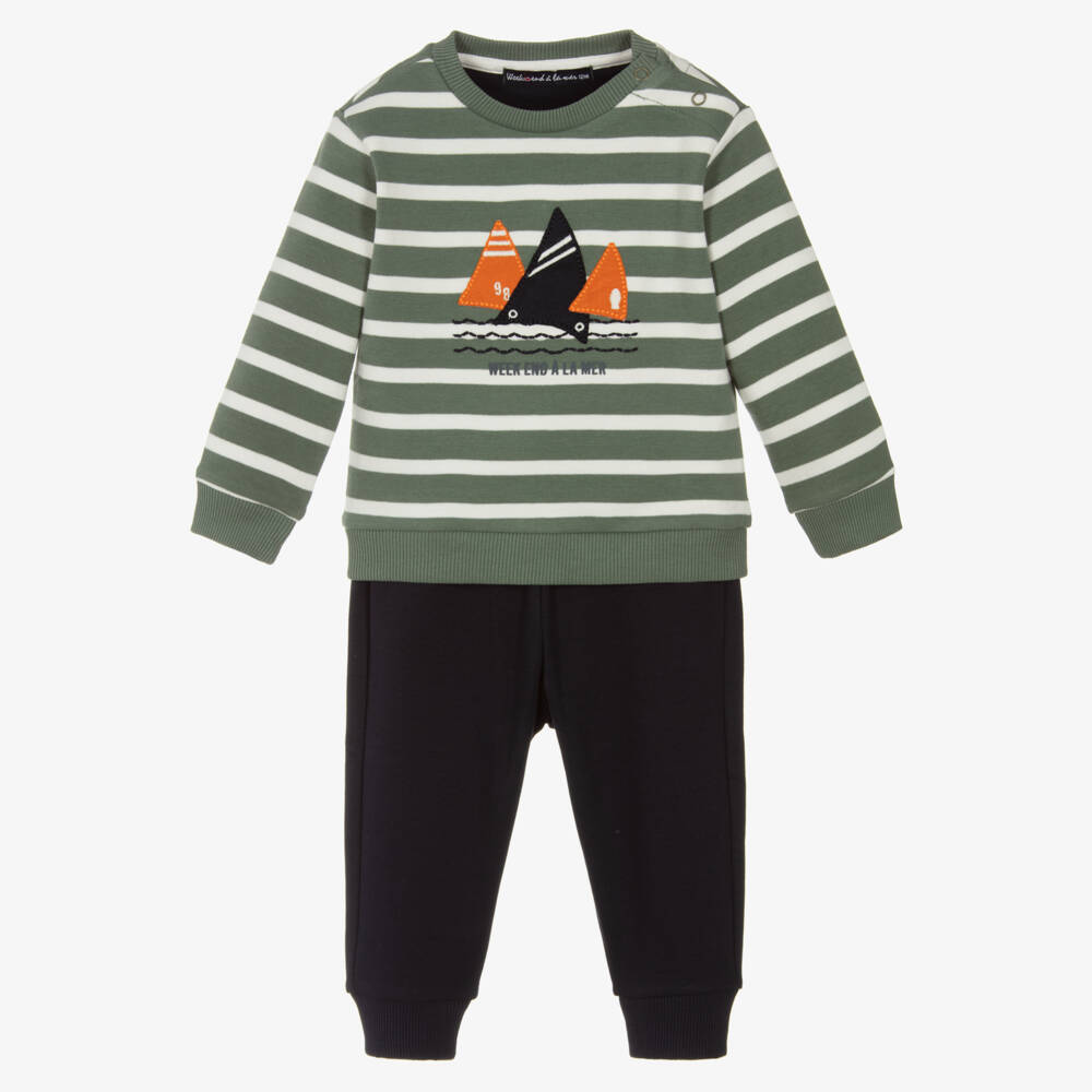 Week-end à la mer-Boys Green & Blue Cotton Jersey Trouser Set | Childrensalon Outlet