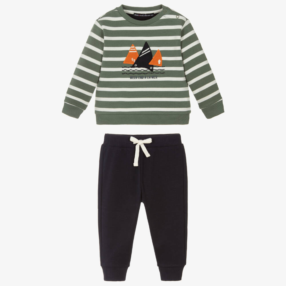 Week-end à la mer-Boys Green & Blue Cotton Jersey Trouser Set | Childrensalon Outlet