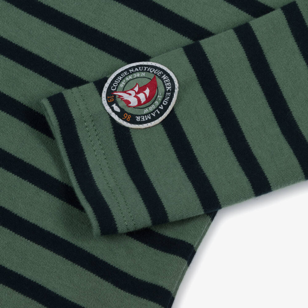 Week-end à la mer-Boys Green & Blue Striped Cotton Top with Yacht Appliqués | Childrensalon Outlet