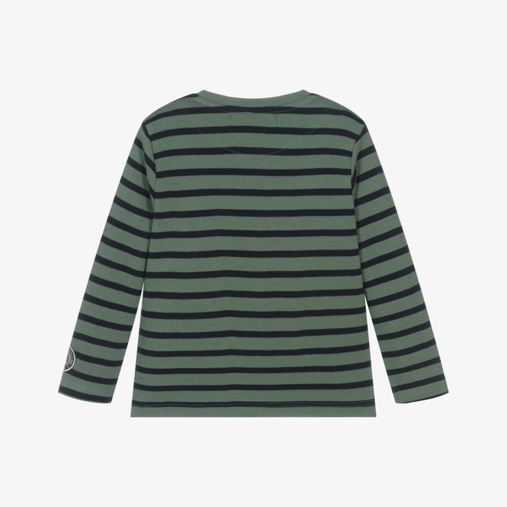 Week-end à la mer-Boys Green & Blue Striped Cotton Top with Yacht Appliqués | Childrensalon Outlet