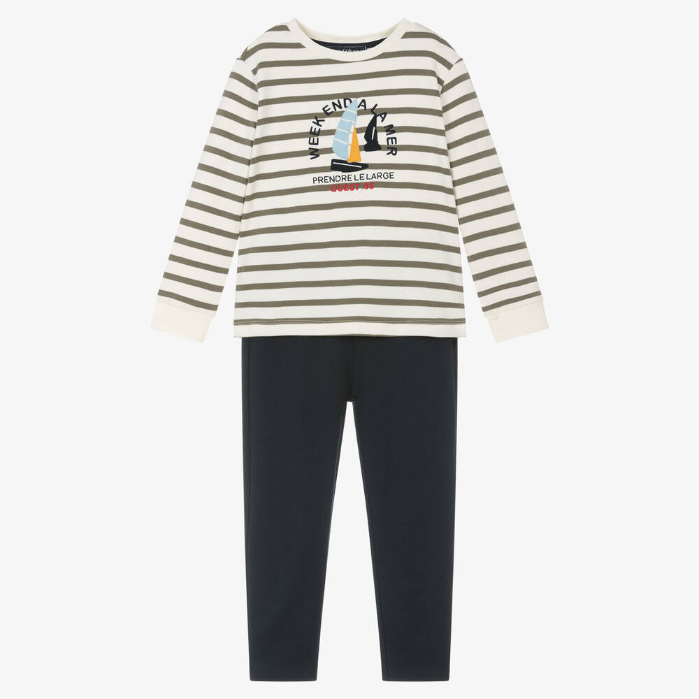 Week-end à la mer - Boys Green Stripe Top & Blue Trouser Set | Childrensalon