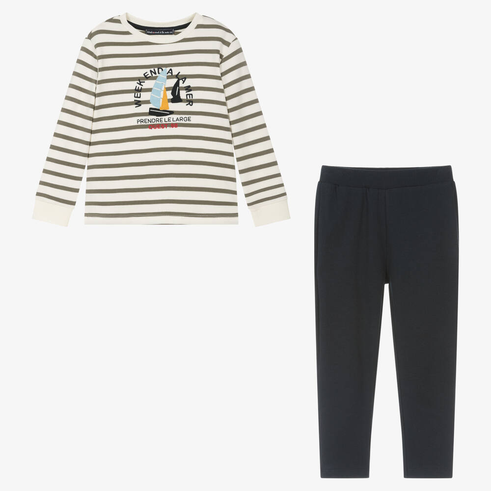 Week-end à la mer-طقم بنطلون قطن مقلم لون أخضر وكحلي للأولاد | Childrensalon Outlet