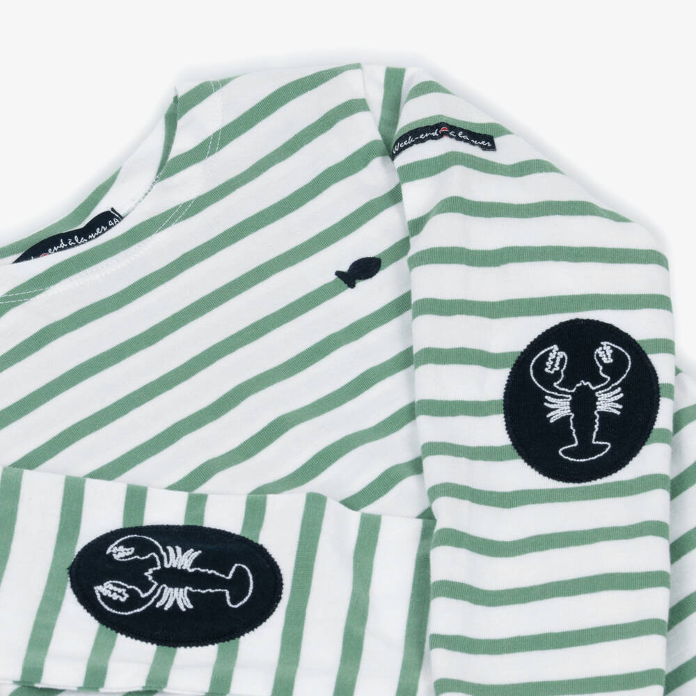 Week-end à la mer-Boys Green-White Striped Jersey Tee | Childrensalon Outlet