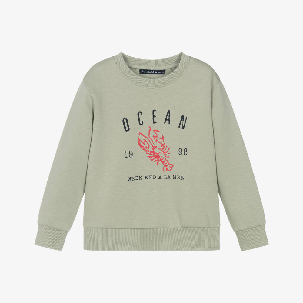 Week-end à la mer-Boys Light Khaki Green Lobster Sweatshirt | Childrensalon Outlet