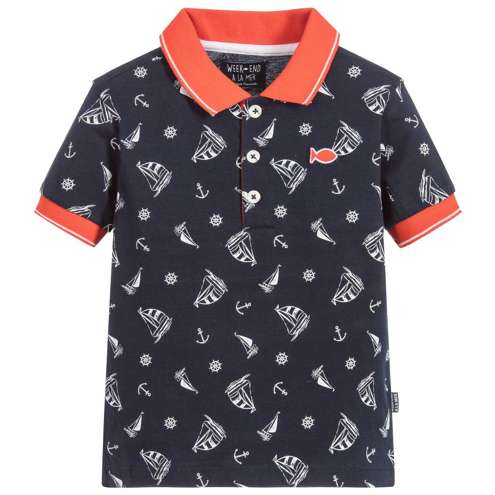 Week-end à la mer - Boys Navy Blue Boat Polo Shirt | Childrensalon