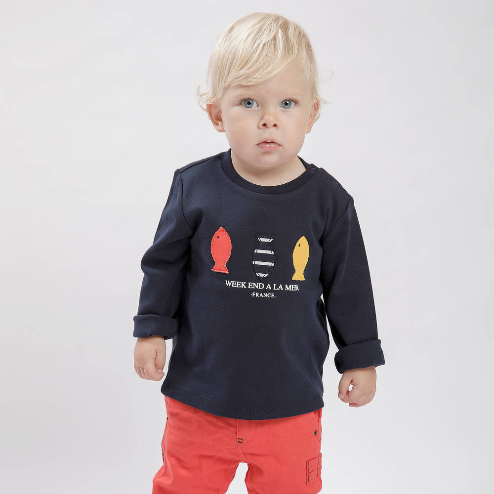 Week-end à la mer-توب قطن جيرسي لون كحلي للأولاد | Childrensalon Outlet