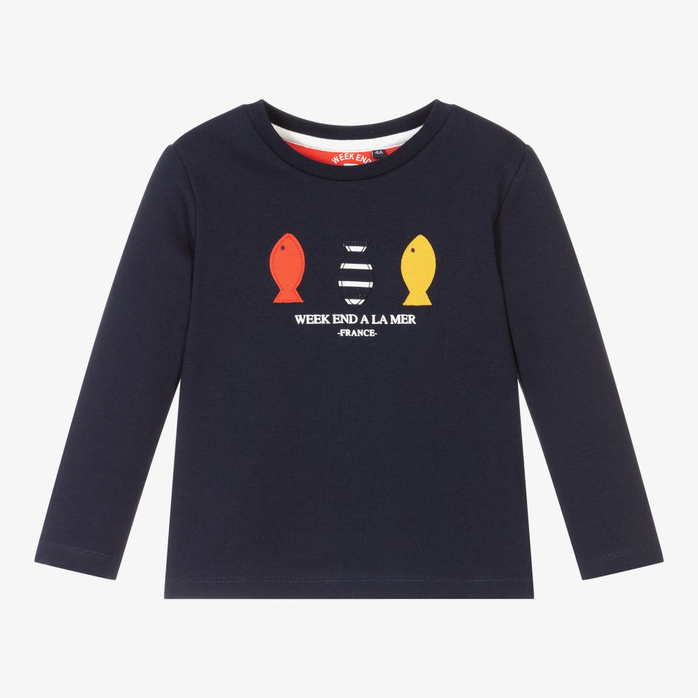 Week-end à la mer - Boys Navy Blue Cotton Top | Childrensalon