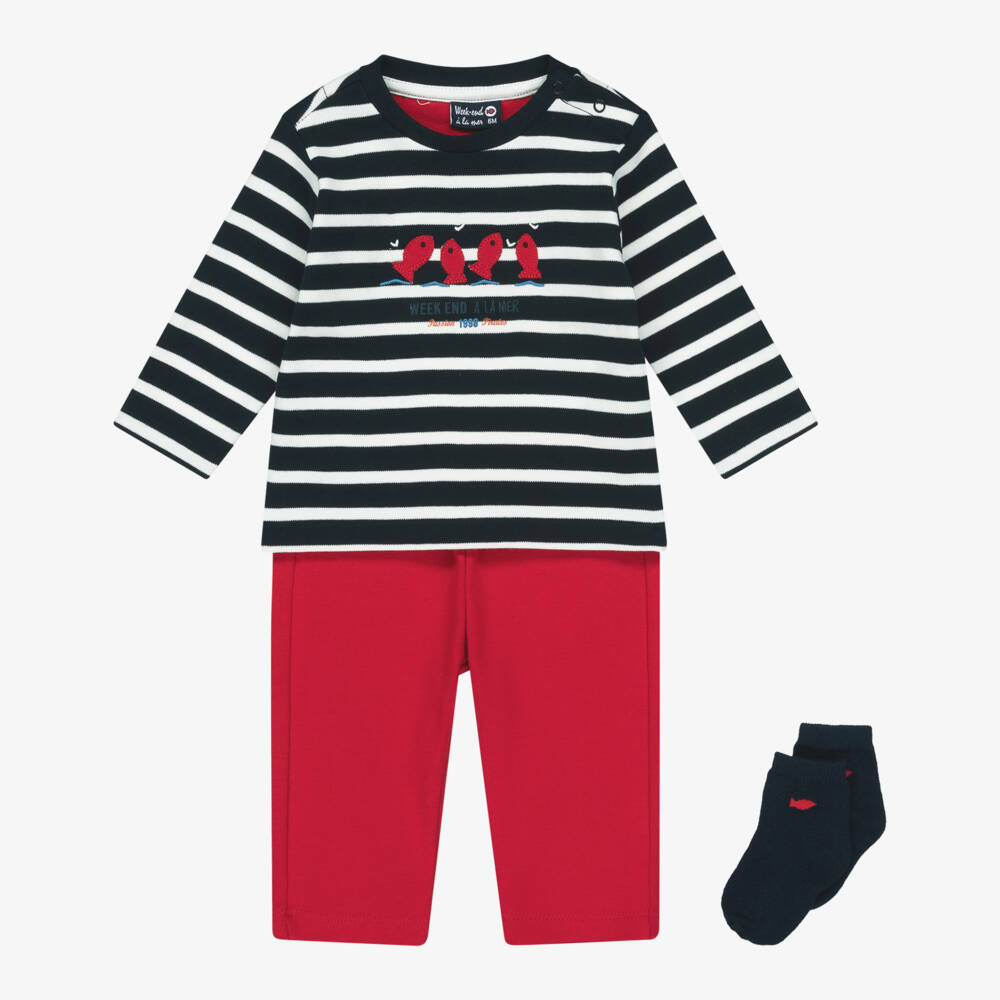 Week-end à la mer-Boys Navy Blue & Red Cotton Jersey Trouser Set | Childrensalon Outlet