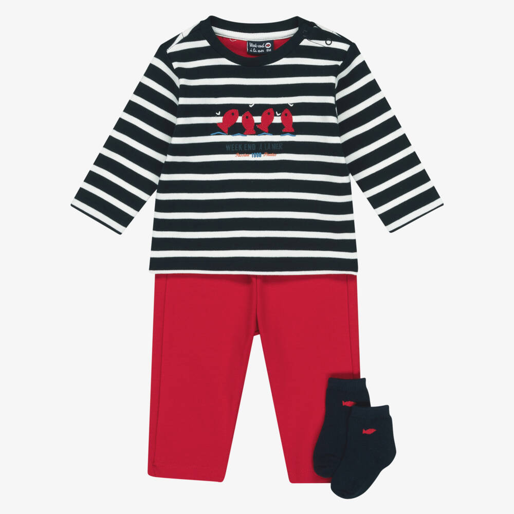 Week-end à la mer-Boys Navy Blue & Red Cotton Jersey Trouser Set | Childrensalon Outlet