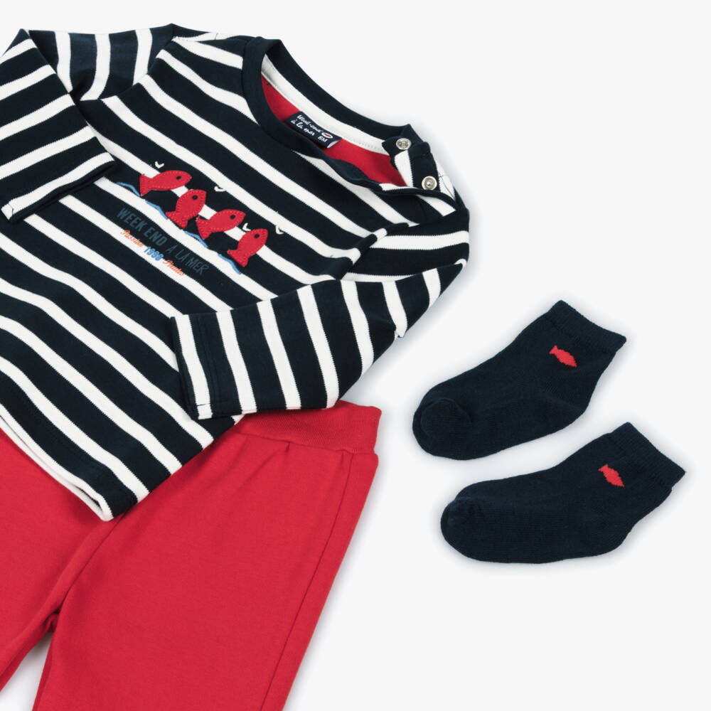 Week-end à la mer-Boys Navy Blue & Red Cotton Jersey Trouser Set | Childrensalon Outlet