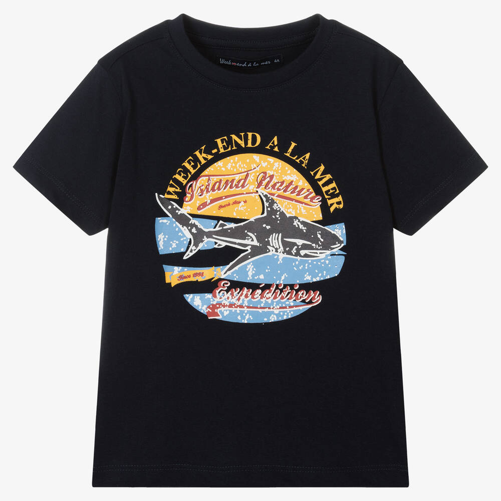 Week-end à la mer - Boys Navy Blue Shark T-Shirt | Childrensalon