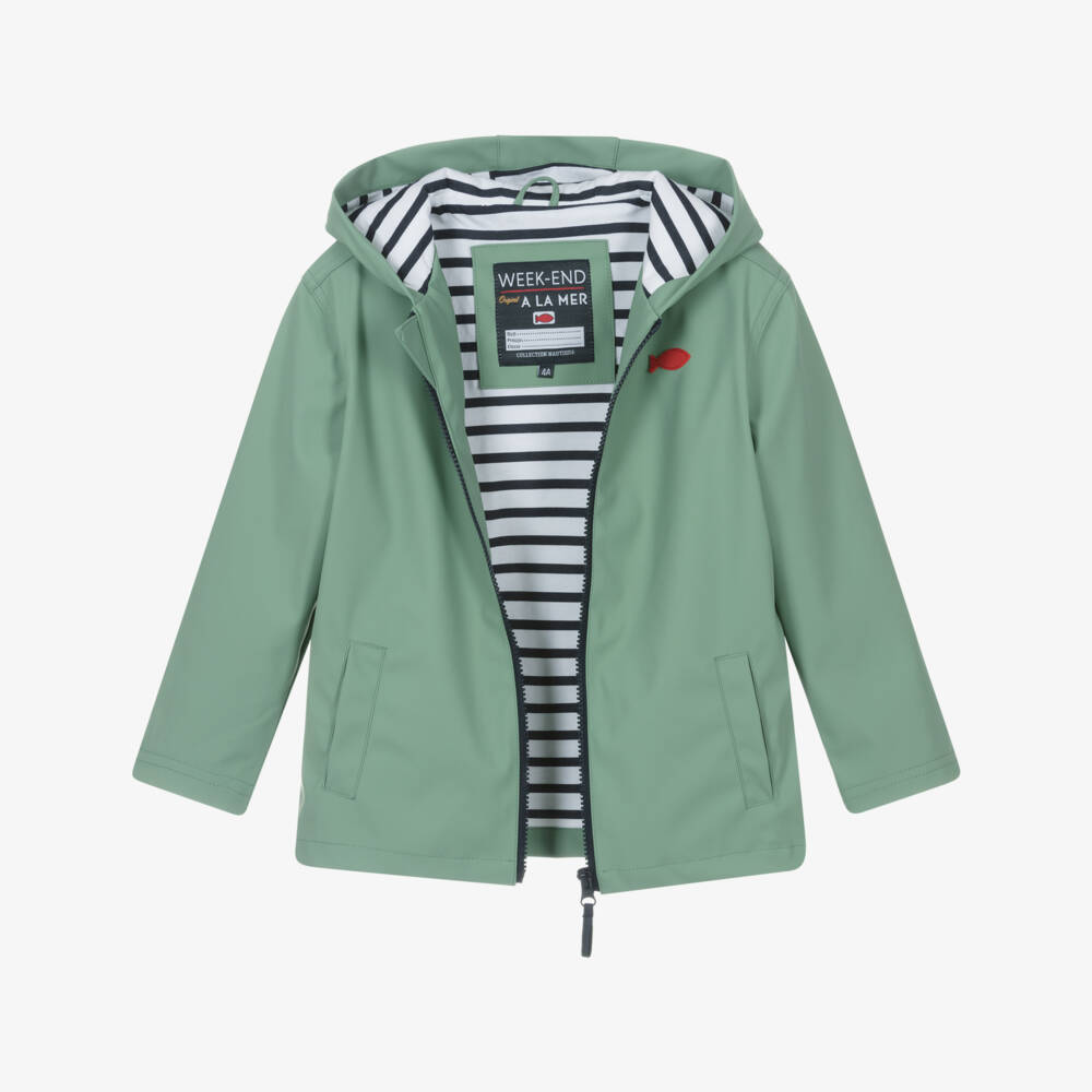 Week-end à la mer-Boys Water-Resistant Green Hooded Coat | Childrensalon Outlet